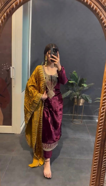 Glistening Maroon & Pink Majesty Velvet Suit - Complete Set