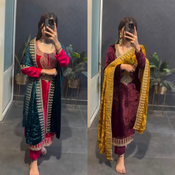 Glistening Maroon & Pink Majesty Velvet Suit - Complete Set