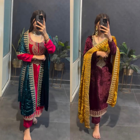 Glistening Maroon & Pink Majesty Velvet Suit - Complete Set