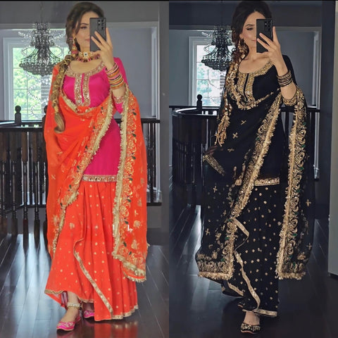 Golden Radiance Black & Orange Dhoti Skirt Suit with Luxe Embroidery