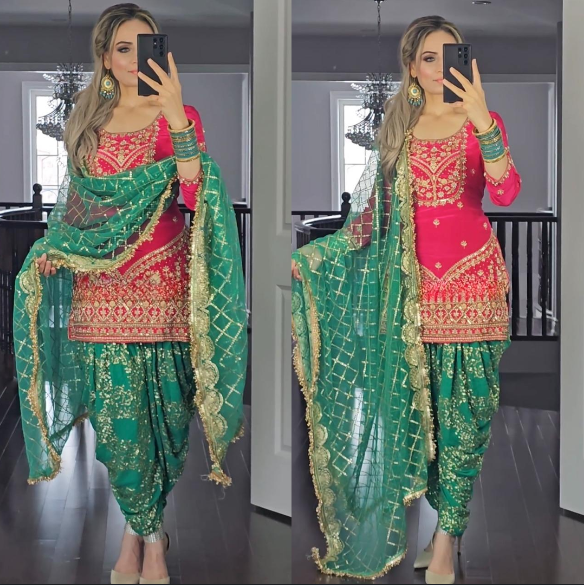 Rani Pink & Green Embroidered Dhoti Suit for Women – Festive & Wedding Wear