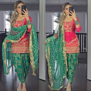 Rani Pink & Green Embroidered Dhoti Suit for Women – Festive & Wedding Wear