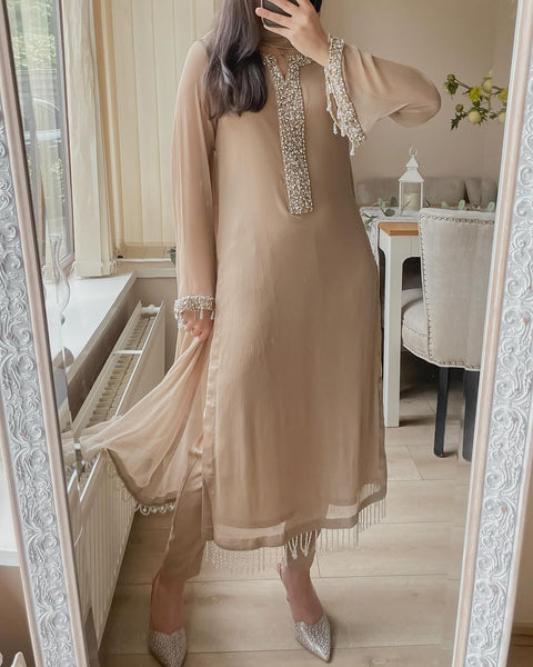 Elegant Faux Georgette Pearl Handwork Suit Set