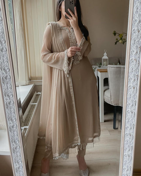 Elegant Faux Georgette Pearl Handwork Suit Set