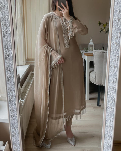 Elegant Faux Georgette Pearl Handwork Suit Set