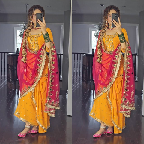 Yellow & Pink Water Golden Thread Dhoti Skirt for Women