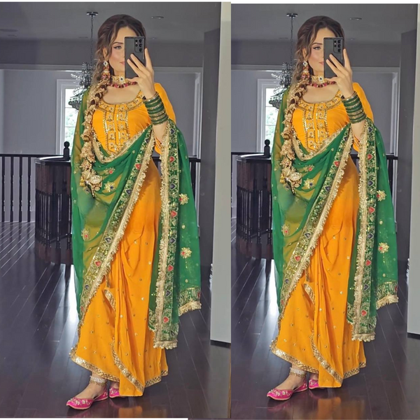 Vibrant Mustard Yellow and Green Embroidered Dhoti Suit for Women