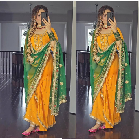 Vibrant Mustard Yellow and Green Embroidered Dhoti Suit for Women