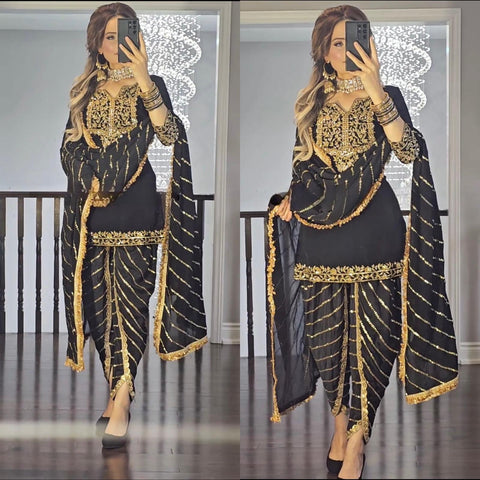 Elegant Black and Gold Embroidered Punjabi Patiala Suit with Dupatta