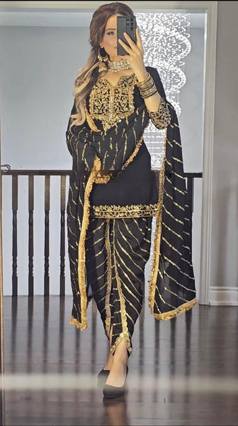Elegant Black and Gold Embroidered Punjabi Patiala Suit with Dupatta