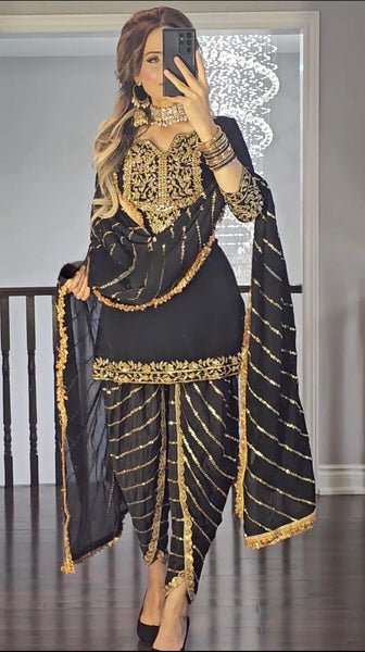 Elegant Black and Gold Embroidered Punjabi Patiala Suit with Dupatta