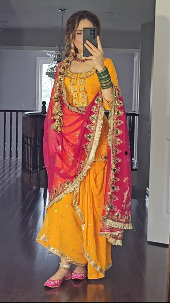 Yellow & Pink Water Golden Thread Dhoti Skirt for Women