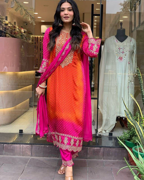 Vibrant Pink & Orange Embroidered Salwar Suit with Dupatta