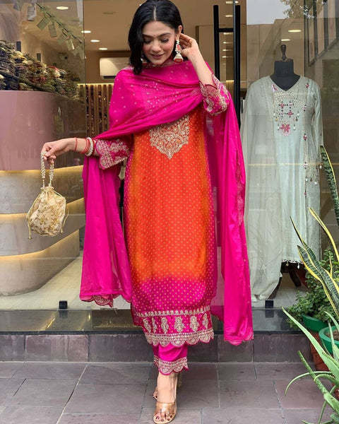 Vibrant Pink & Orange Embroidered Salwar Suit with Dupatta
