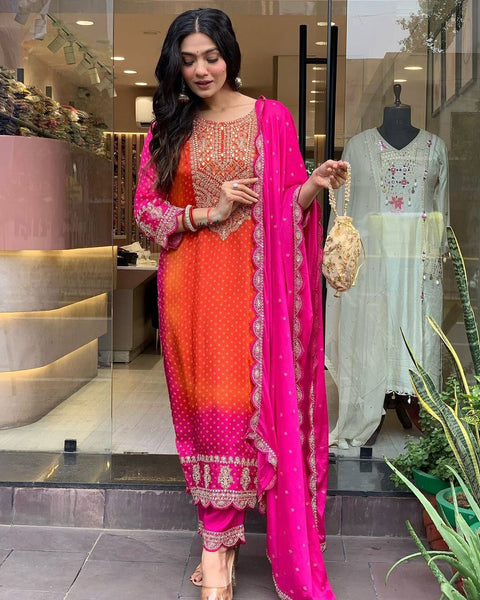 Vibrant Pink & Orange Embroidered Salwar Suit with Dupatta
