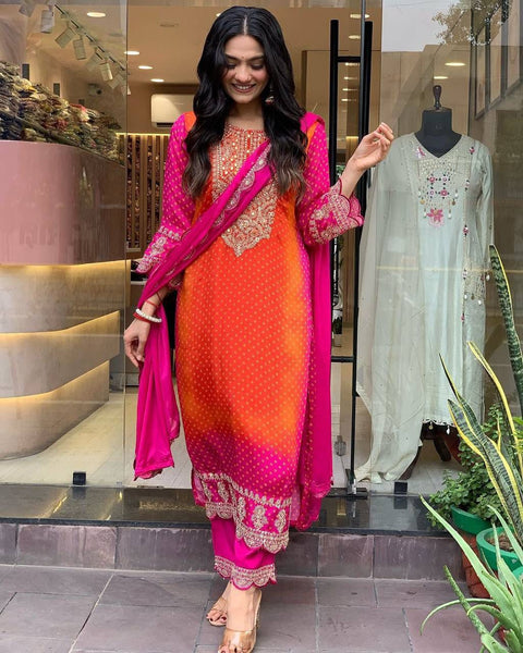 Vibrant Pink & Orange Embroidered Salwar Suit with Dupatta