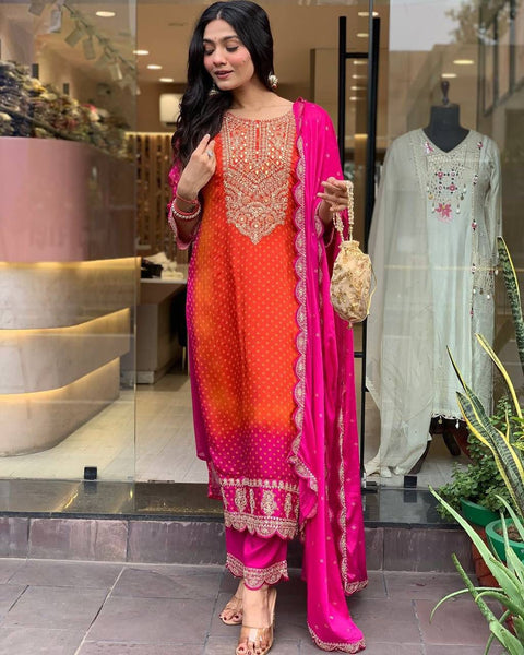 Vibrant Pink & Orange Embroidered Salwar Suit with Dupatta