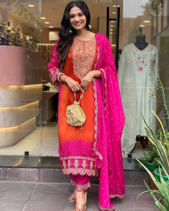 Vibrant Pink & Orange Embroidered Salwar Suit with Dupatta