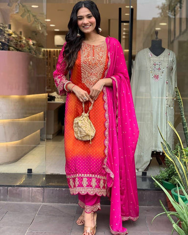 Vibrant Pink & Orange Embroidered Salwar Suit with Dupatta