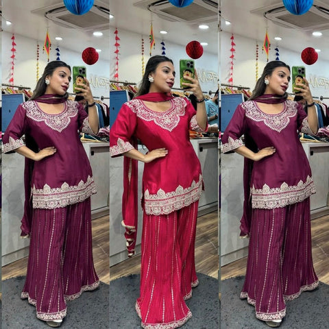Designer Silk Sharara Palazzo Set with Dupatta – Luxe Party Wear Elegance