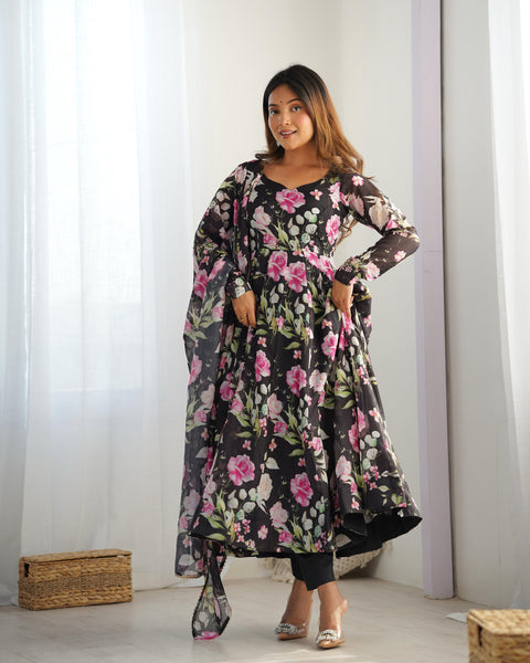 Elegant Floral Printed Anarkali Suit With Full Sleeves