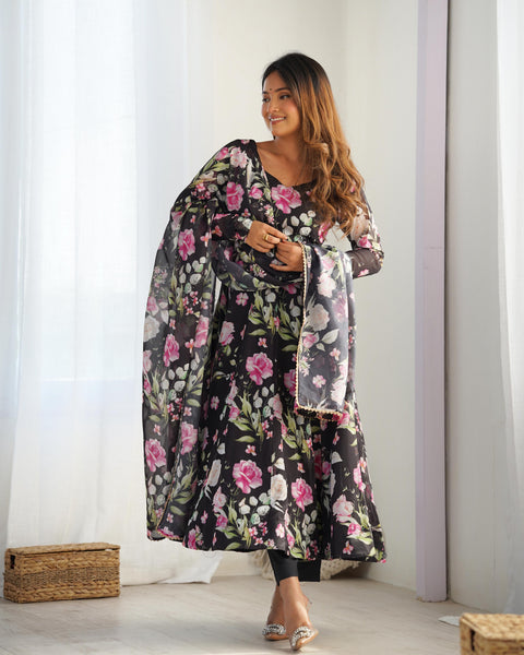 Elegant Floral Printed Anarkali Suit With Full Sleeves