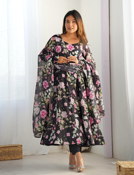 Elegant Floral Printed Anarkali Suit With Full Sleeves