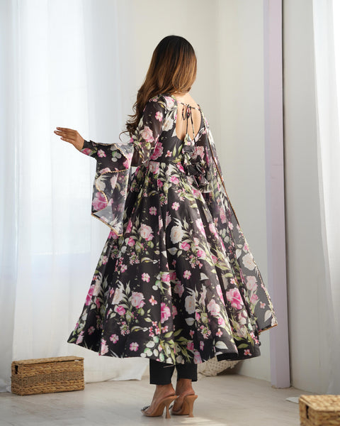 Elegant Floral Printed Anarkali Suit With Full Sleeves