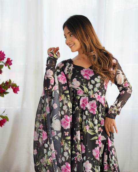 Elegant Floral Printed Anarkali Suit With Full Sleeves