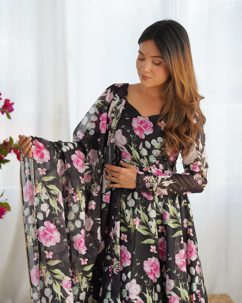 Elegant Floral Printed Anarkali Suit With Full Sleeves