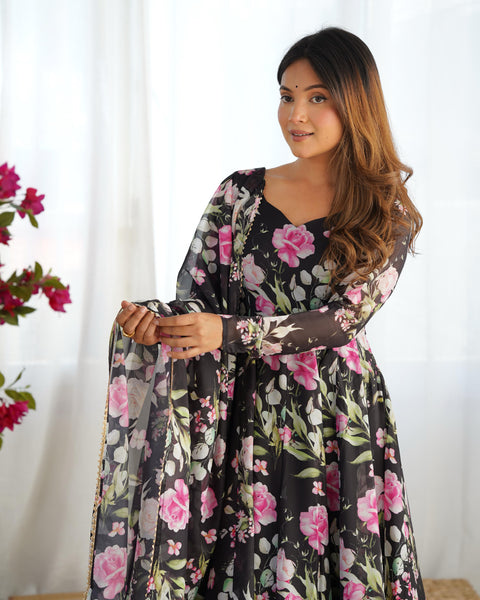 Elegant Floral Printed Anarkali Suit With Full Sleeves