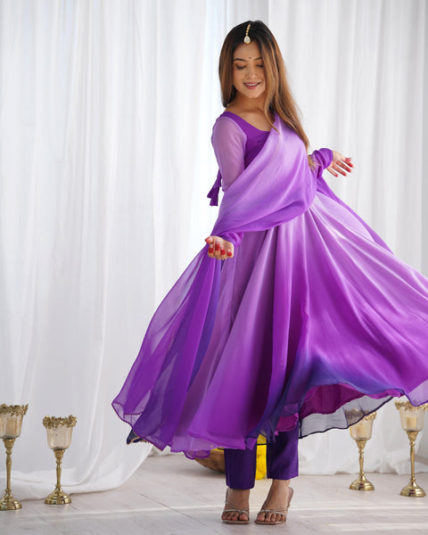 Ethnic Purple Soft Fox Georgette Anarkali Suit with Colorful Embellishments
