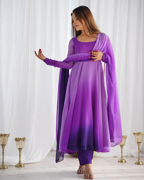 Ethnic Purple Soft Fox Georgette Anarkali Suit with Colorful Embellishments