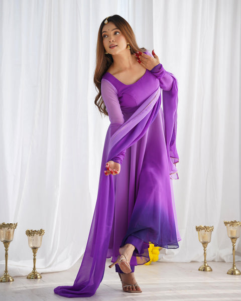 Ethnic Purple Soft Fox Georgette Anarkali Suit with Colorful Embellishments