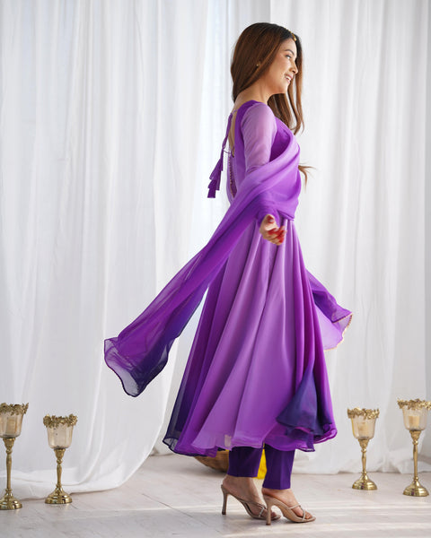 Ethnic Purple Soft Fox Georgette Anarkali Suit with Colorful Embellishments