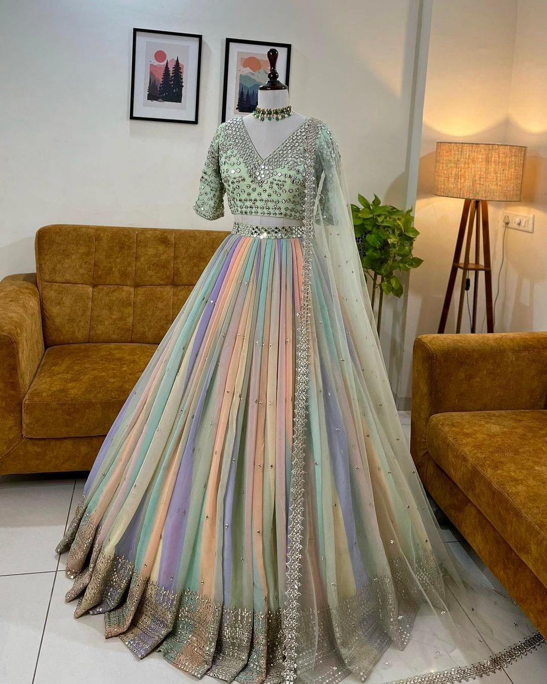 Pastel Multi-Colored Embroidered Lehenga Choli with Net Dupatta