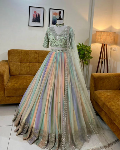 Pastel Multi-Colored Embroidered Lehenga Choli with Net Dupatta