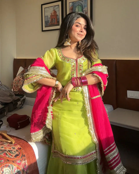 Elegance Green Sharara Suit with Pink Dupatta