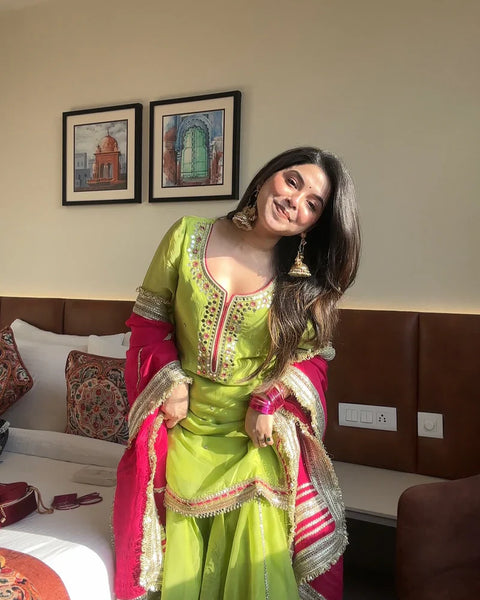 Elegance Green Sharara Suit with Pink Dupatta