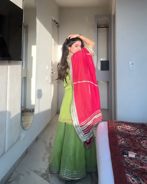Elegance Green Sharara Suit with Pink Dupatta