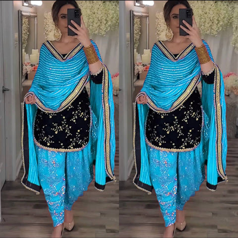 Elegant Blue and Black Dhoti Patiyala Suit with Embroidered Kurti and Dupatta