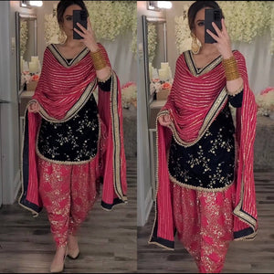 Elegant Pink and Black Dhoti Patiyala Suit with Embroidered Kurti and Dupatta