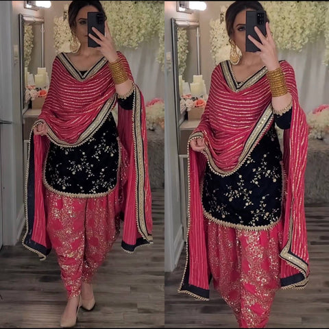 Elegant Pink and Black Dhoti Patiyala Suit with Embroidered Kurti and Dupatta