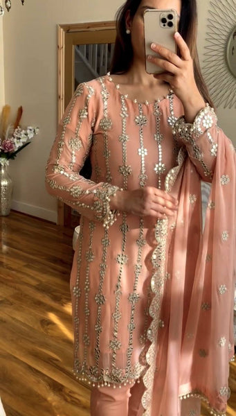 Elegant Peach Embroidered Georgette Salwar Suit with Mirror Work