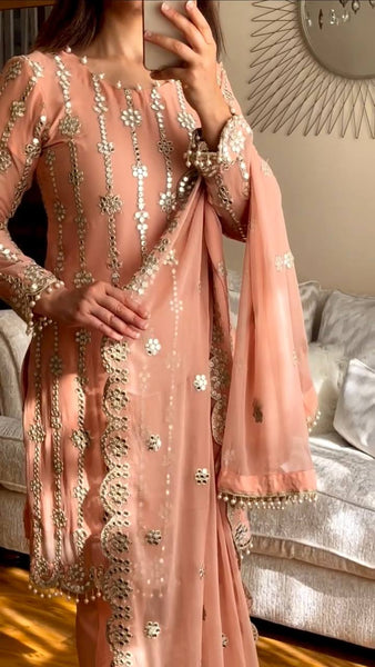 Elegant Peach Embroidered Georgette Salwar Suit with Mirror Work