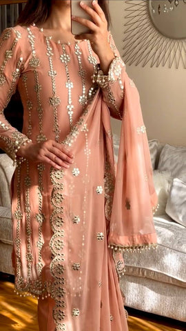 Elegant Peach Embroidered Georgette Salwar Suit with Mirror Work