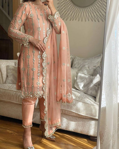 Elegant Peach Embroidered Georgette Salwar Suit with Mirror Work