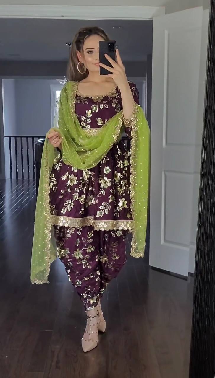 Elegant Wine Embroidered Punjabi Patiala Suit with Green Dupatta