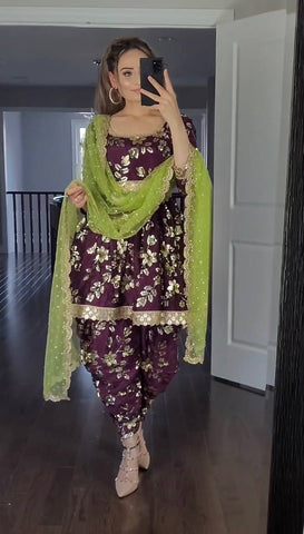 Elegant Wine Embroidered Punjabi Patiala Suit with Green Dupatta