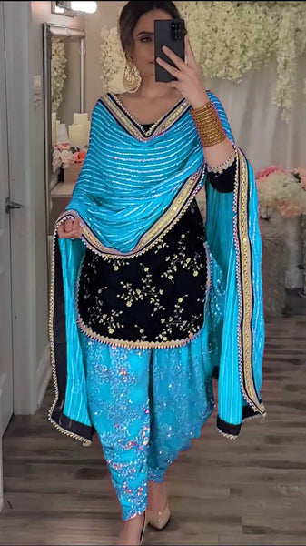 Elegant Blue and Black Dhoti Patiyala Suit with Embroidered Kurti and Dupatta
